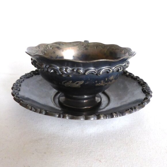 VINTAGE 1800’s MERMOD JACCARD QUADRUPLE PLATE SILVER TEA CUP & SAUCER - Picture 2 of 13